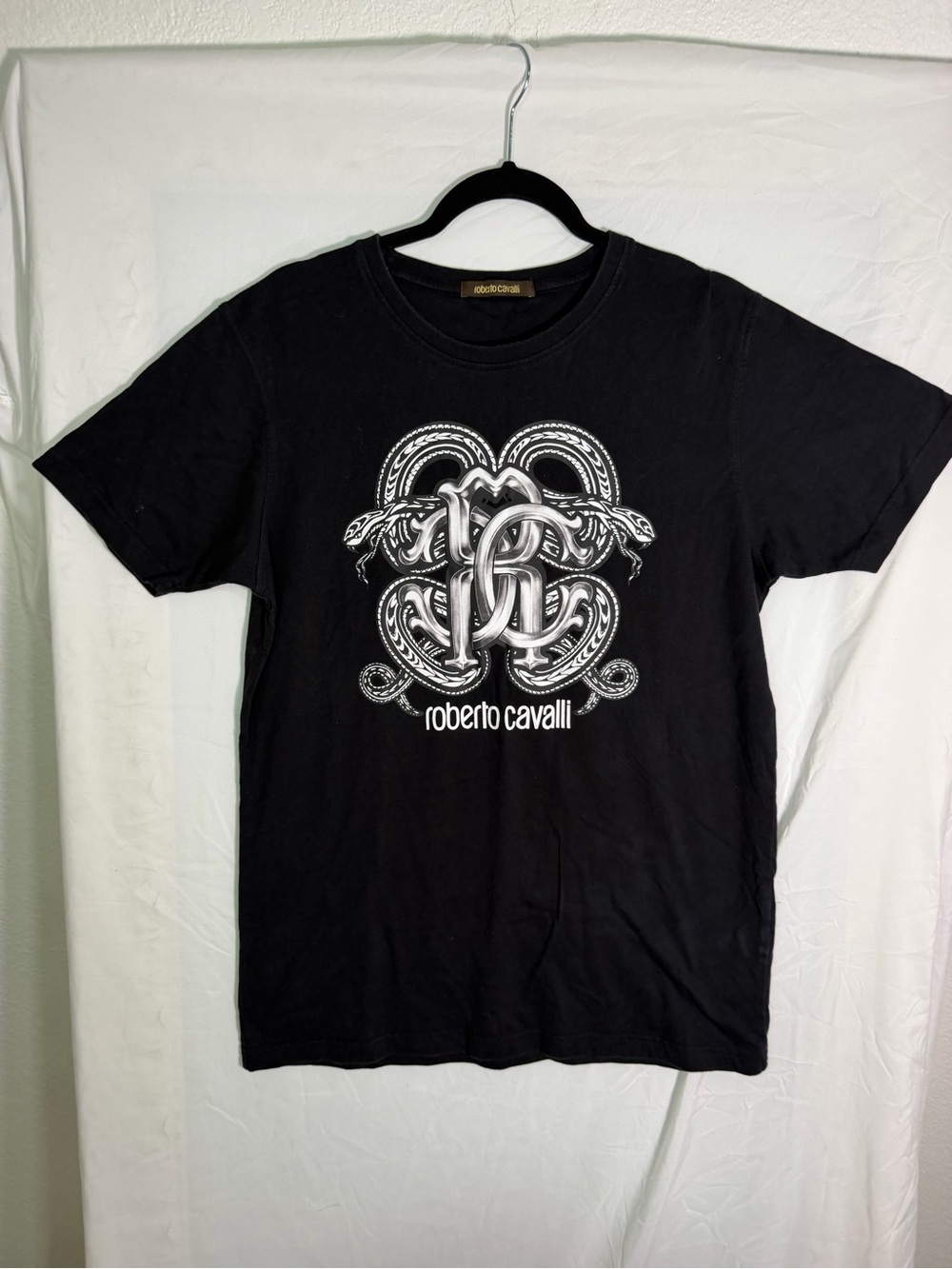 Roberto Cavalli Black T-Shirt with Silver Snake Emblem